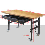 60" Adjustable Work Bench with Drawer Storage, Power Outlet, and Wheels - Heavy Duty Work Table for Home, Garage, and Office - Sturdy Steel Frame with Solid Bamboo Table Top - 2700 lbs Capacity HONRISE