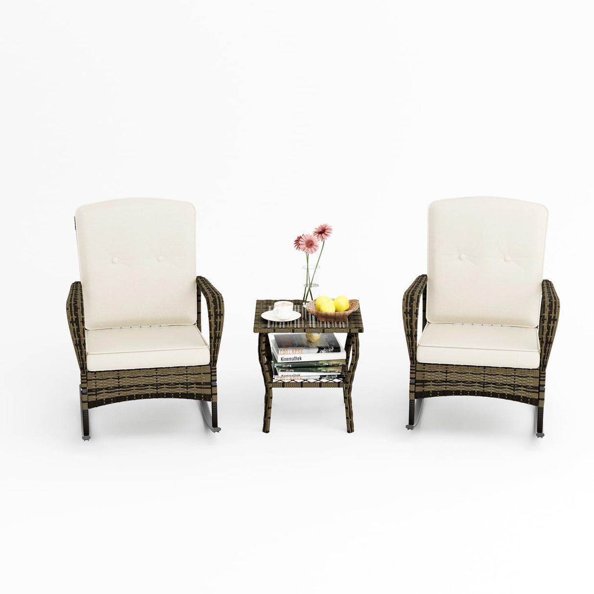 BALDPER 3 Pieces Patio Conversation Set, Outdoor Rocking Chairs, Wicker Bistro Set, Outdoor Furniture Set with Porch Chairs and Coffee Table for Deck Garden Poolside, Beige BALDPER