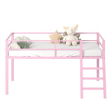 Lutown-Teen Metal Loft Bed with Stairs and Guardrail for Juniors, Space Saving Loft Bed Twin Size for Small Bedroom, Pink Lutown-Teen