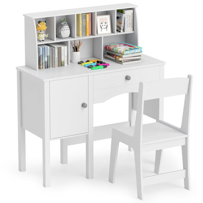 Costzon Kids Desk and Chair Set, Wooden Kids Study Desk with Hutch, Large Cabinet & Drawer for Writing, Reading, Drawing, Student Computer Workstation for Home School, Desk for Kids Ages 3+ (White)