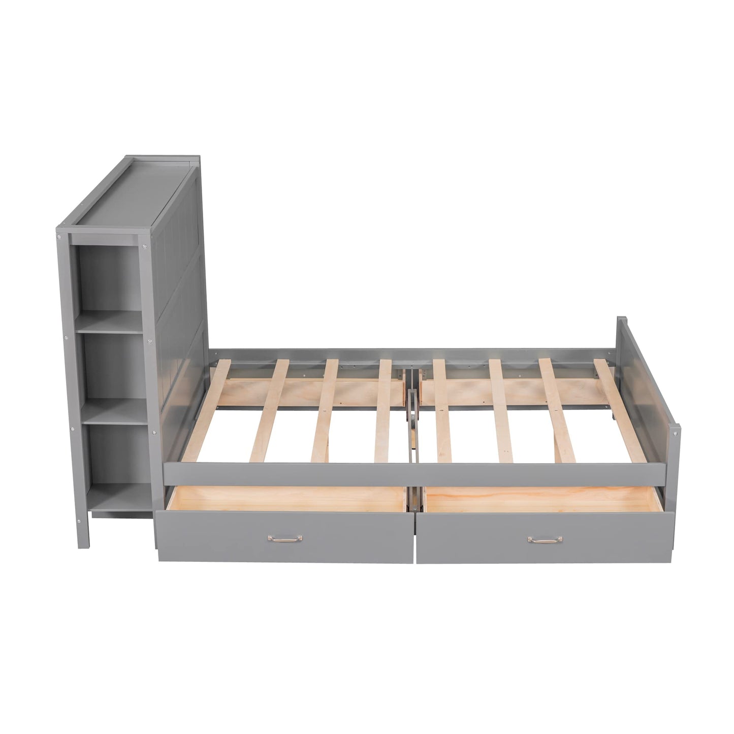 Harper & Bright Designs Full Size Bed with Bookcase Headboard and 4 Storage Drawers, Solid Wood Platform Bed Frame with Slat, No Box Spring Needed,