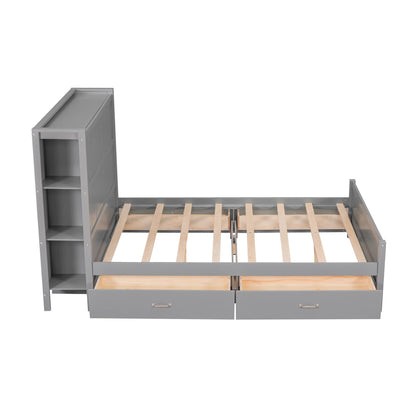 Harper & Bright Designs Full Size Bed with Bookcase Headboard and 4 Storage Drawers in Gray - WoodArtSupply