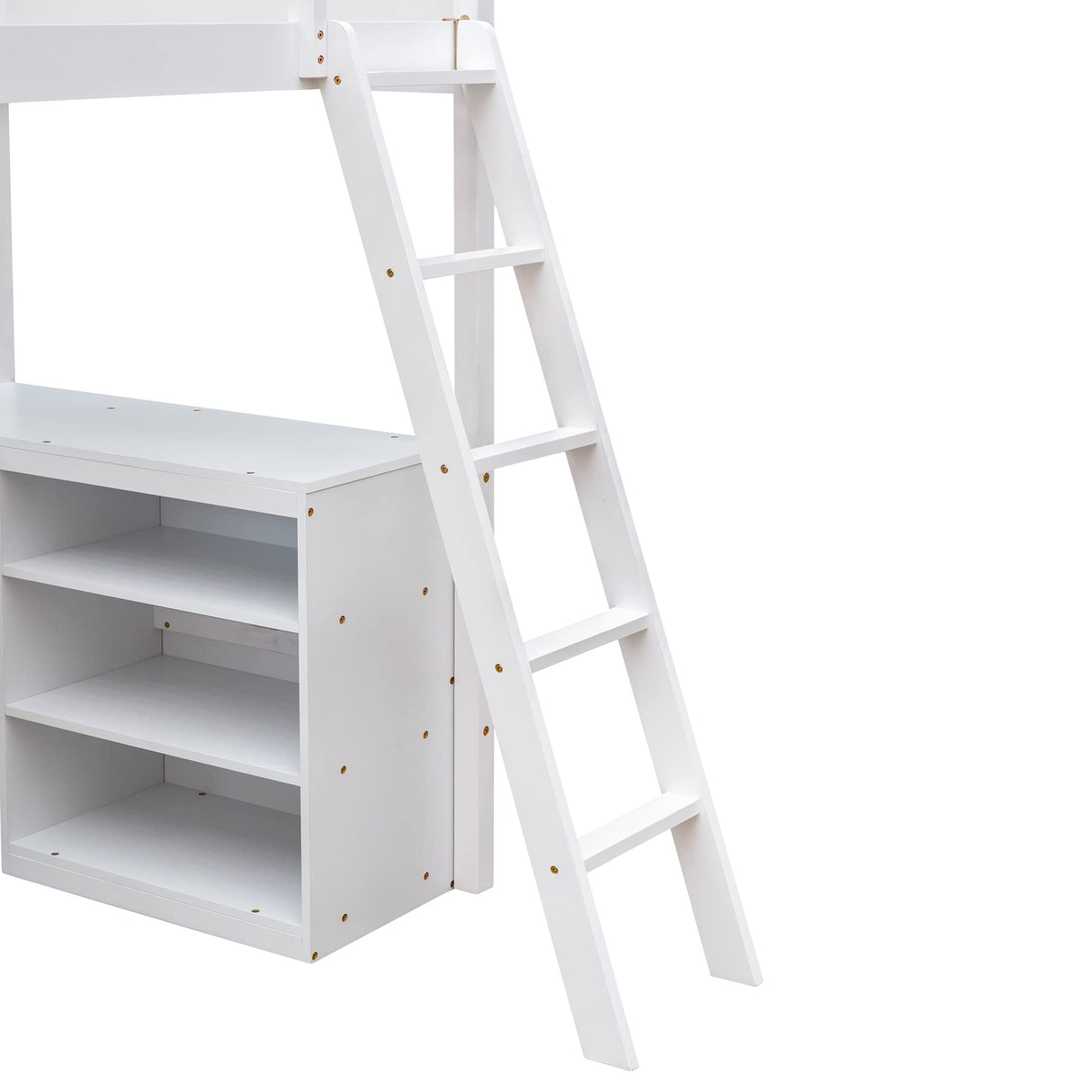Ball & Cast Twin Size Loft Bed with Full-Length Guard Rail and Storage Shelves,Wood Bedframe w/Ladder & U Shape Desk,Slat Support,Space Saving,Bedroom Furniture for Student Dorms,Studio,White Ball & Cast