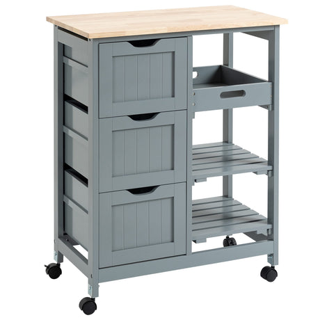 HOMCOM Rolling Kitchen Island Cart, Bar Serving Cart, Compact Trolley on Wheels with Wood Top, Shelves & Drawers for Home Dining Area, Grey HOMCOM