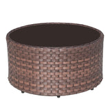 SUNSITT Round Outdoor Coffee Table with Tempered Glass Top, Rattan PE Resin Wicker Patio Side Table, Brown SUNSITT