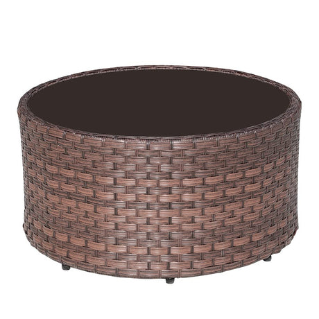 SUNSITT Round Outdoor Coffee Table with Tempered Glass Top, Rattan PE Resin Wicker Patio Side Table, Brown SUNSITT