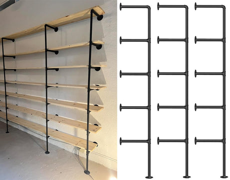 Industrial Iron Pipe Shelves, 3 Set 5-Tier, 68" Tall, 12" Depth, DIY Open Bookshelf Bookcase, Wall Mounted Vintage Retro Shelving, Rustic Farmhouse Pantry Kitchen Storage, Black Shelf Brackets Kaler