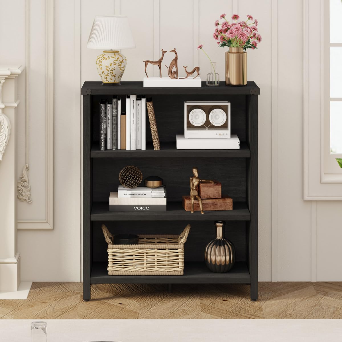 BON AUGURE Small Bookcase, 3 Tier Black Book Shelf, Farmhouse Wooden Bookshelf, Short Storage Book Cases for Small Space, Bedroom, Office, Living Room (Black Oak) BON AUGURE