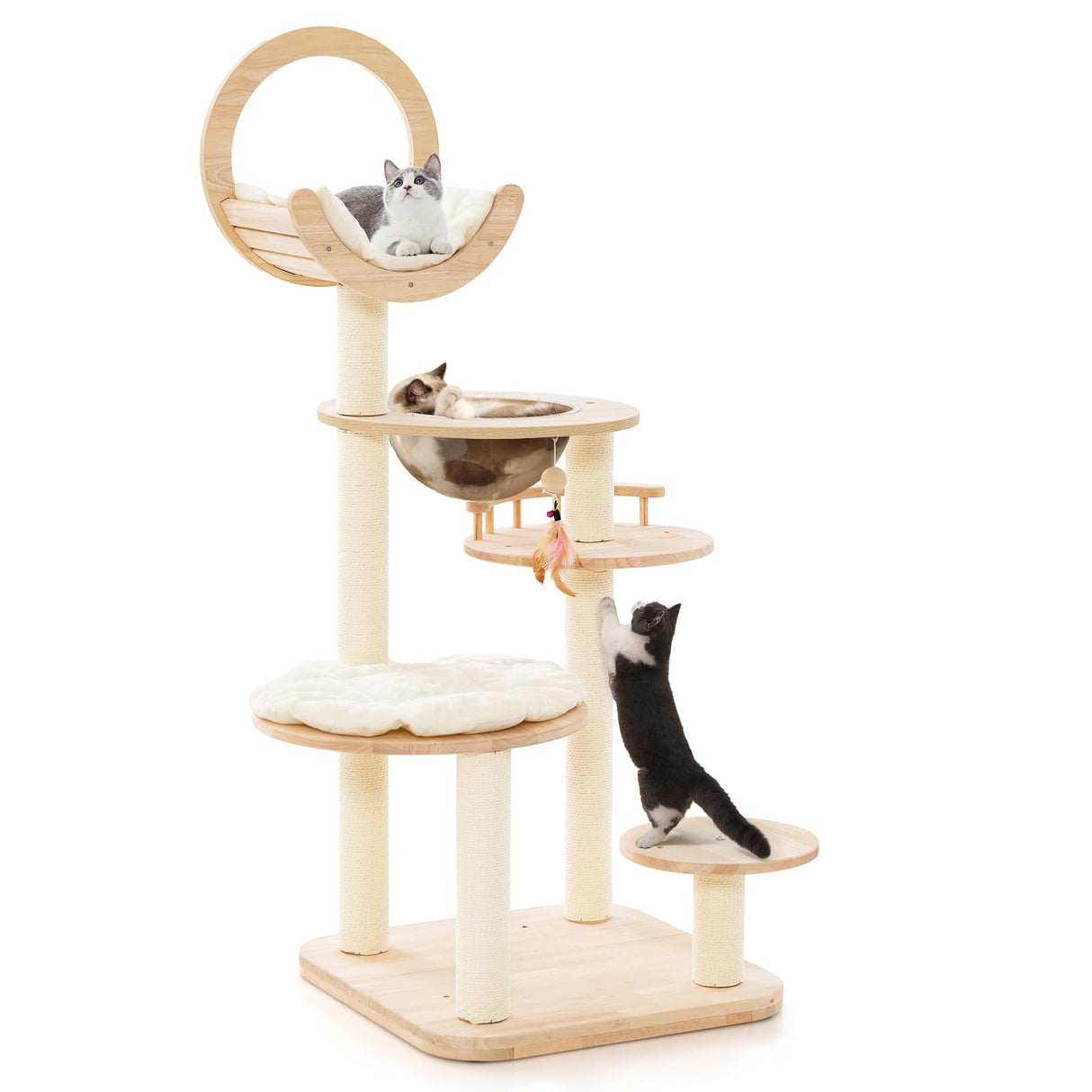 PETSITE 57 Inches Tall Wooden Cat Tree, Multi-Level Cat Tower with Scratching Posts, Space Capsule Bed, Padded Platform and Hanging Ball, Modern Transformable Cat Tree Tower for Indoor Cats Large PETSITE