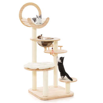 PETSITE 57 Inches Tall Wooden Cat Tree, Multi-Level Cat Tower with Scratching Posts, Space Capsule Bed, Padded Platform and Hanging Ball, Modern Transformable Cat Tree Tower for Indoor Cats L - WoodArtSupply