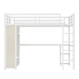 KEIKI Queen Size Loft Bed Frame with Built-in Wardrobe, Metal Loft Bed with Desk, Storage Shelves, Hanging Rod, Guardrail and Ladder, Noise Reduced BedFrame for Teens and Adults, White Wood-Grain KEIKI