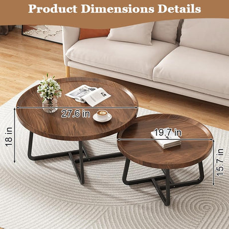 Windpost Round Nesting Coffee Table Set of 2, 28" Round Walnut with Fluted,Mid Century Modern,Center for Living Room Bedroom Office Balcony Yard Windpost