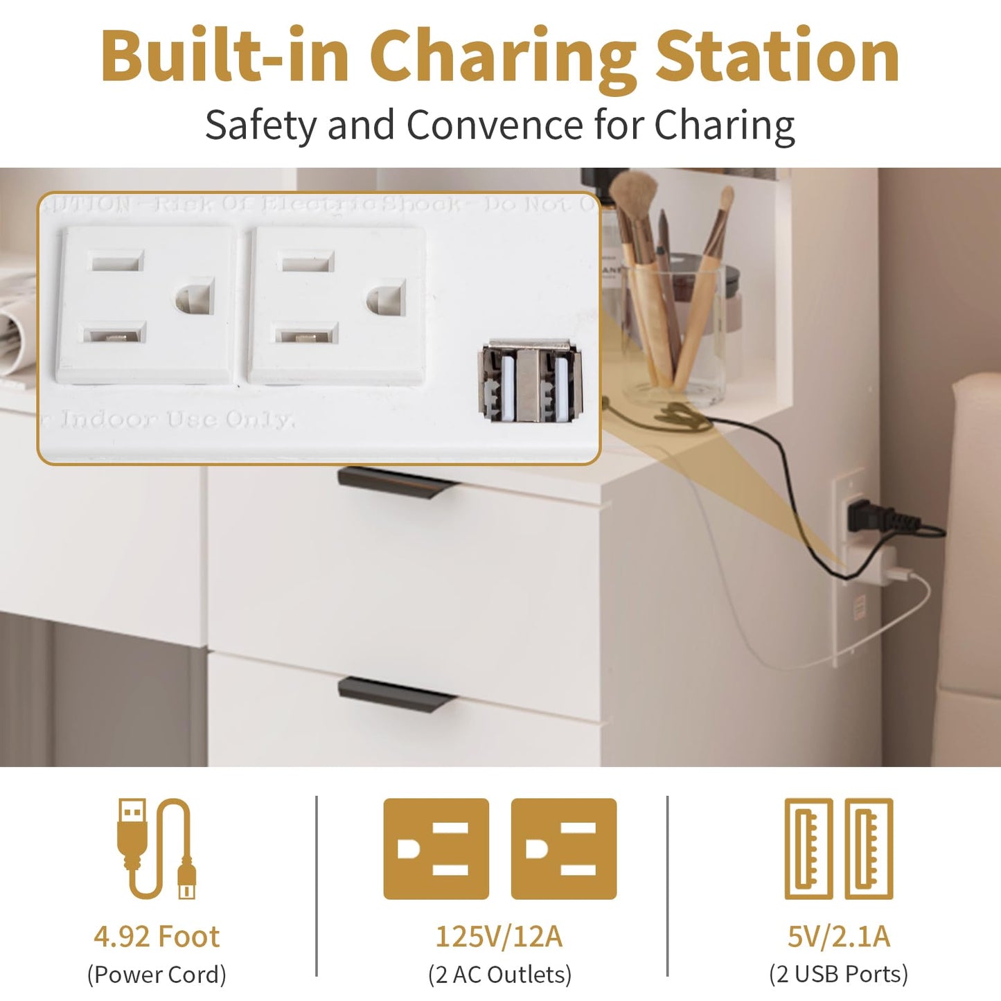 VINGLI 47'' Vanity Desk with LED Lighted Large Mirror & Cushioned Stool, Makeup Vanity Set with 3 Hidden Cabinets & Lighting in 3 Colors & 9 Drawers & Charging station for Bedroom Dressing Room, White