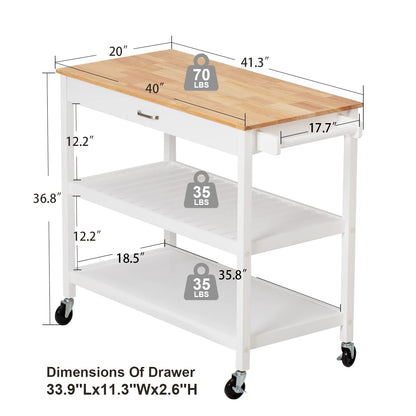 Kitchen Island Carts on Wheels with Storage – Mobile Rolling Cart with Storage Drawer and Shelves, Kitchen Islands Table with Towel Rack, Rubberwood Top, for Kitchen and Dining Room, White - WoodArtSupply