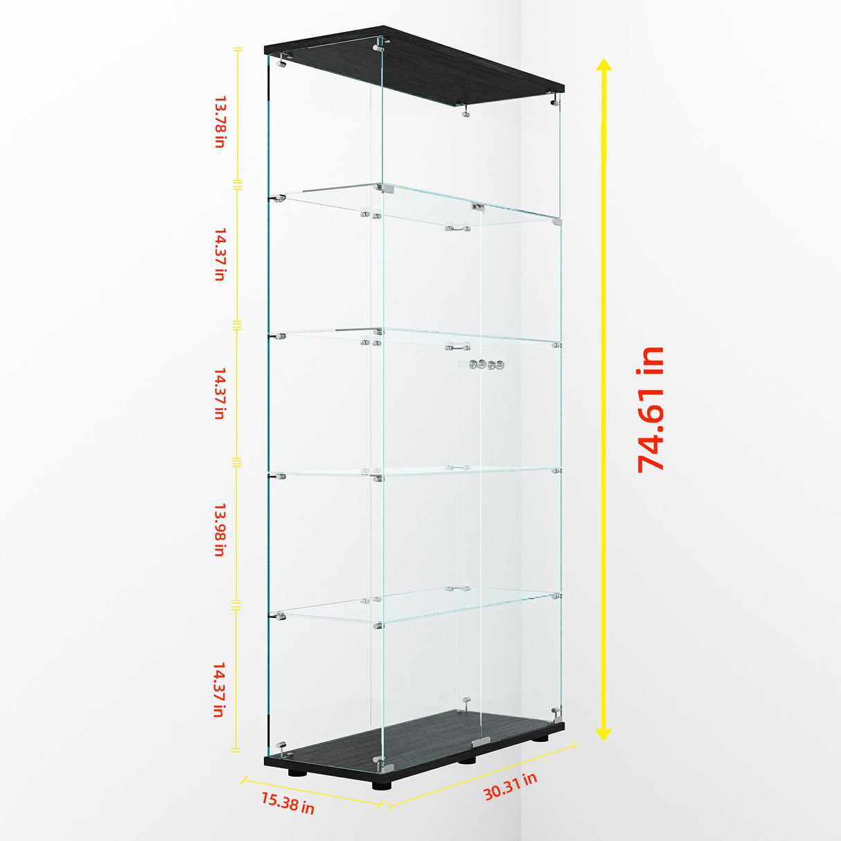 74.8" Tall Glass Display Cabinet with LED Lights, Curio Glass Cabinet with 5 Shelves with 2 Door, Quick-Install Style Floor Standing Bookshelf File Cabinet for Home Office Kootlena