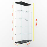 74.8" Tall Glass Display Cabinet with LED Lights, Curio Glass Cabinet with 5 Shelves with 2 Door, Quick-Install Style Floor Standing Bookshelf File Cabinet for Home Office Kootlena