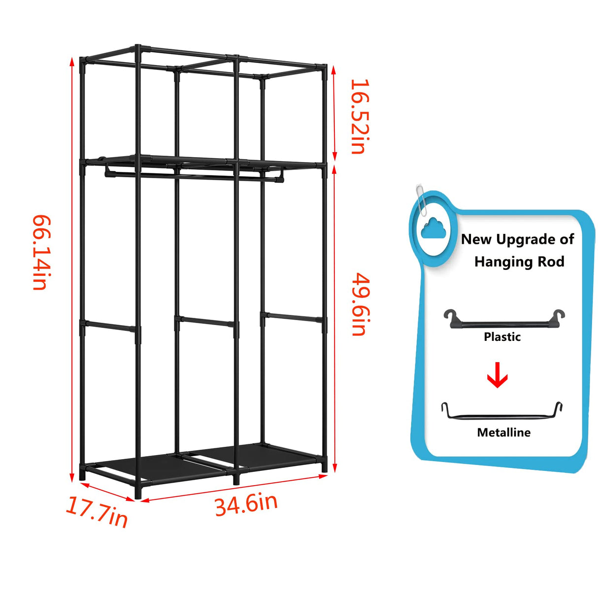SORCEDAS Portable Wardrobe Closet Storage Organizer Metal Hanging Rack Non-Woven Fabric 34 Inch Black SORCEDAS