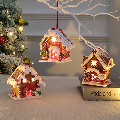 UAEYW 3Pcs Gingerbread House Ornaments for Christmas Tree Decorations Battery Operated Lighted LED Clay Hanging Candy House Ornament with Rope for Xmas Holiday Party New Year Home Decor