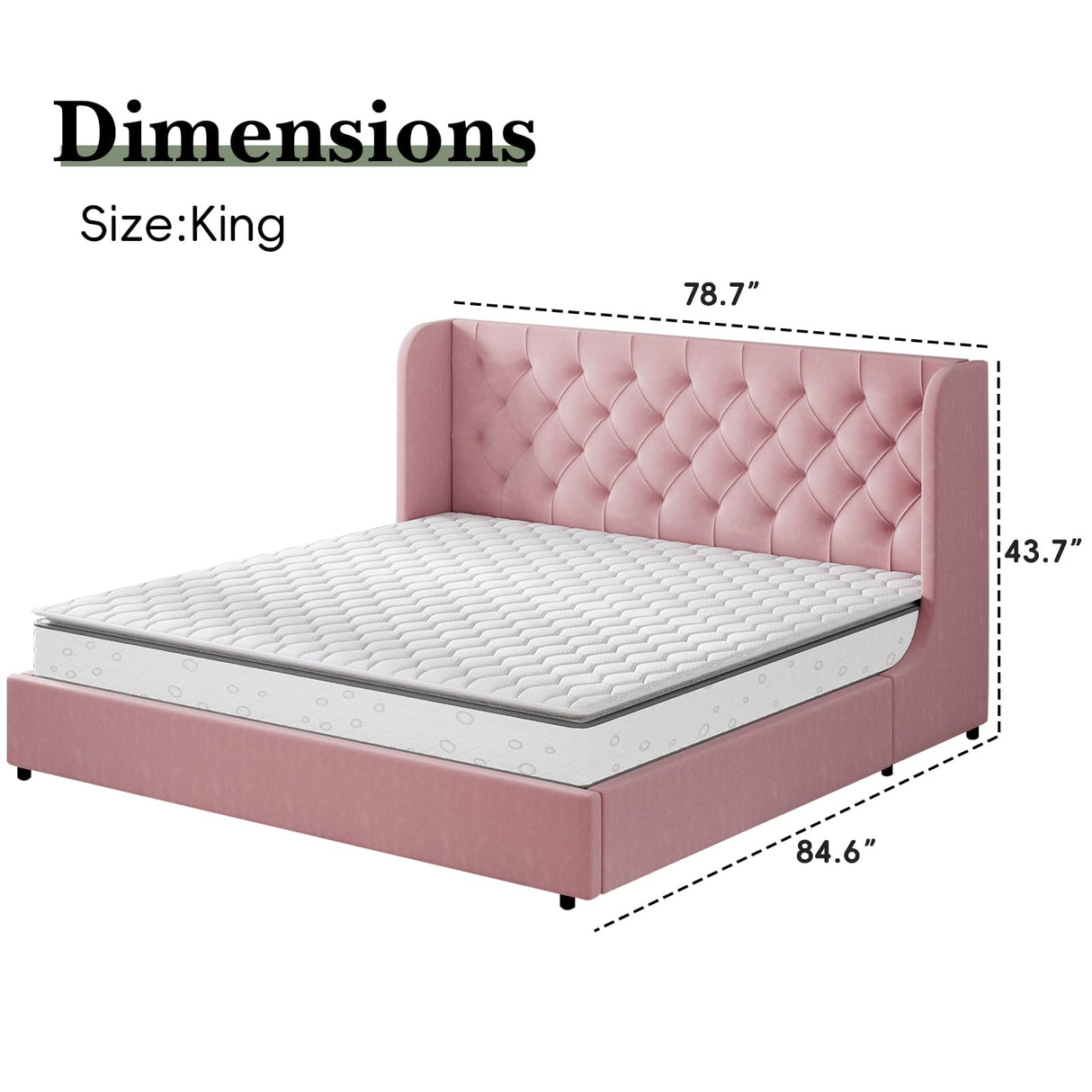 King Size Bed Frame, Pink Upholstered Bed Frame King with Wide Wingback, Softly Curved Wings Velvet Headboard, Sturdy Wooden Slats Support, No Box Spring Required, Noise Free, Easy Assembly, Pink HOMBCK