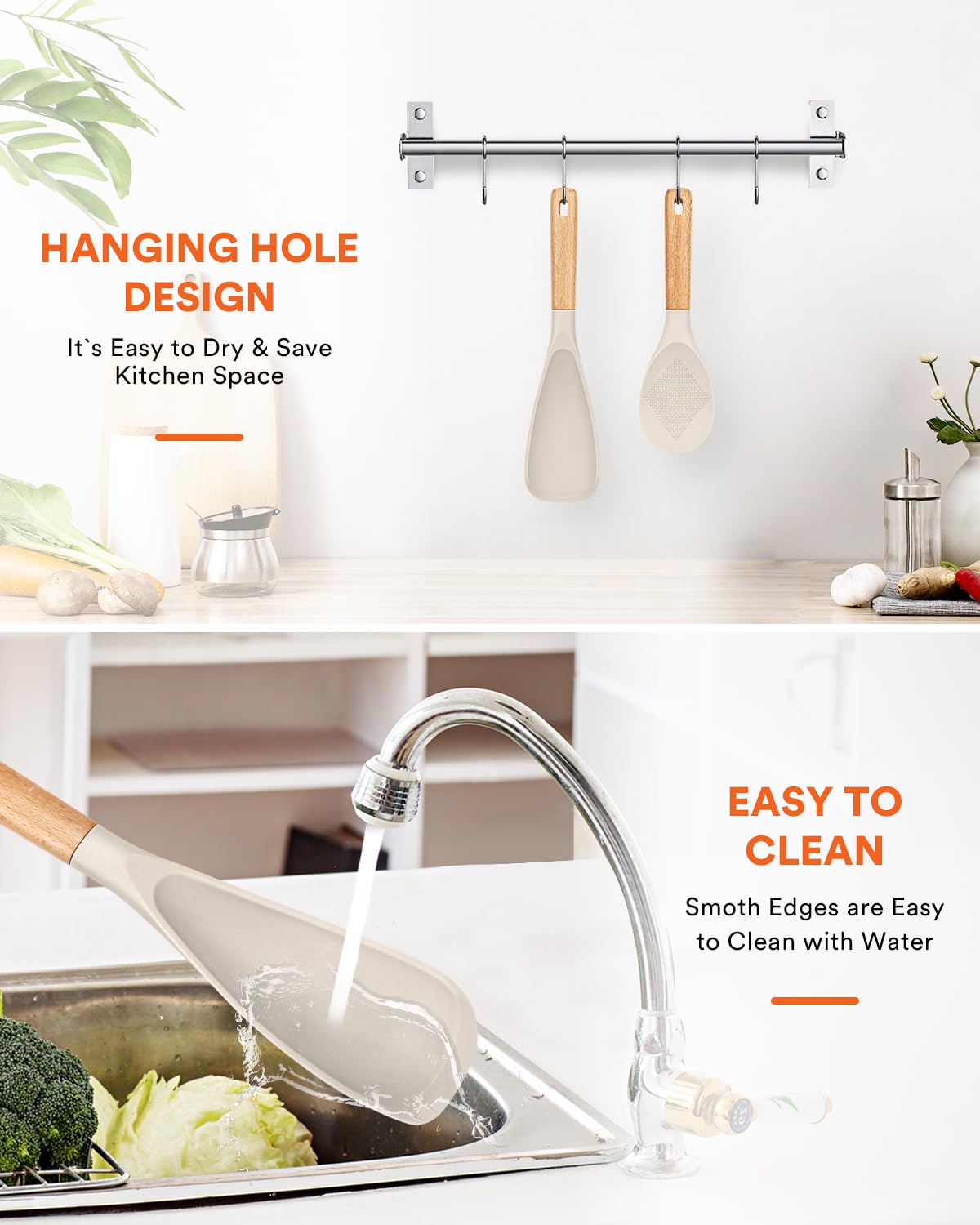 Cooking Spoon and Rice Scooper for Nonstick Cookwares, Great for Cooking and Serving Durable BPA-Free Matte Silicone, Wood Handle Spoon for Mixing, Scoop, and Scrape (KHAKI) Badiano