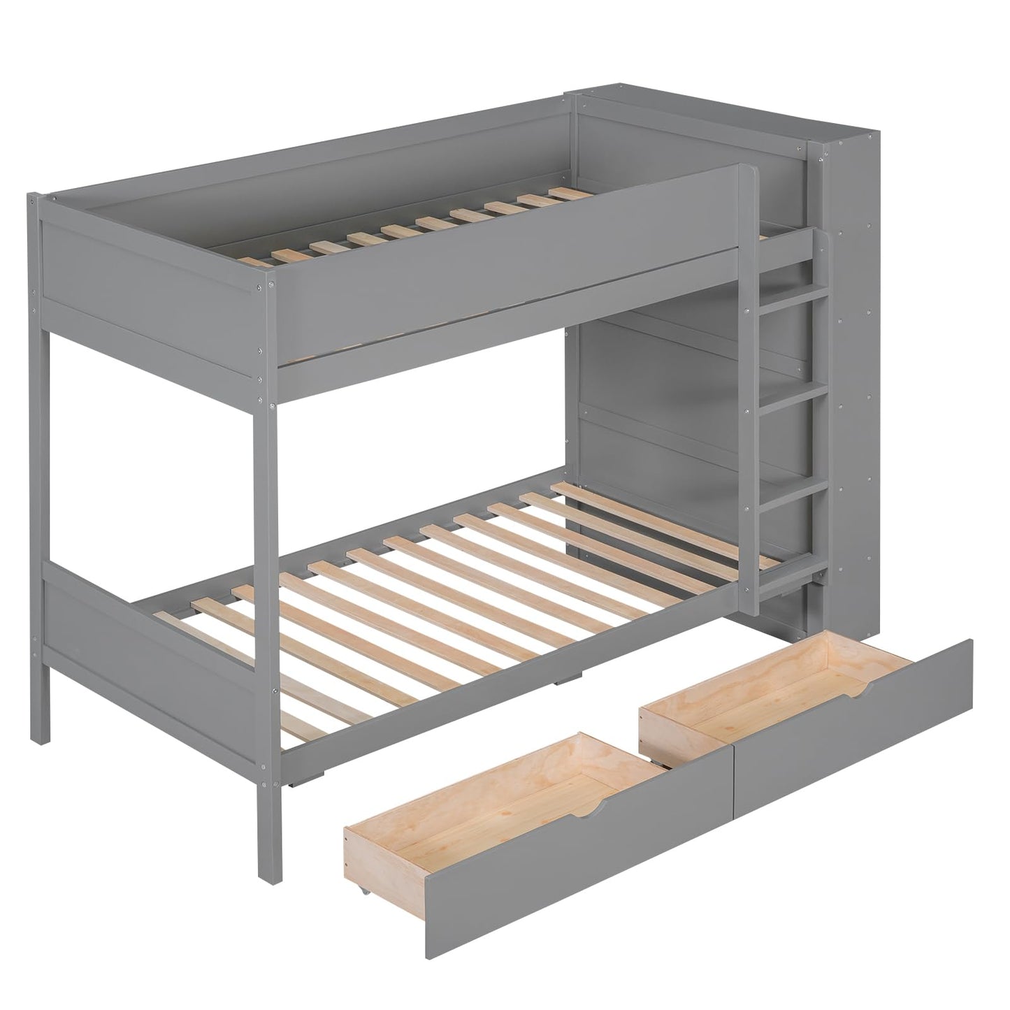 Harper & Bright Designs Twin Over Twin Bunk Bed with Storage, Wood Bunk Bed Frame with 2 Drawers and Multi-Layer Cabinet, Gray