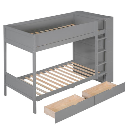 Harper & Bright Designs Twin Over Twin Bunk Bed with Storage, Wood Bunk Bed Frame with 2 Drawers and Multi-Layer Cabinet, Gray