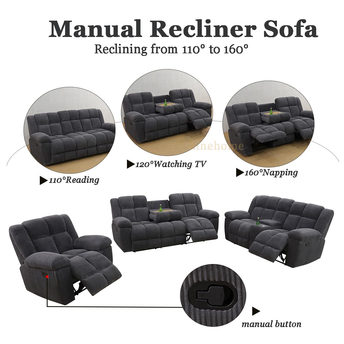 A Ainehome Manual Recliner Sofa Set, Corduroy Recliner Loveseat, Living Room Furniture Set Modern Loveseat Sofa, Reclining Couches for Living Room/Office(3 Piece Set, Dark Grey) A Ainehome