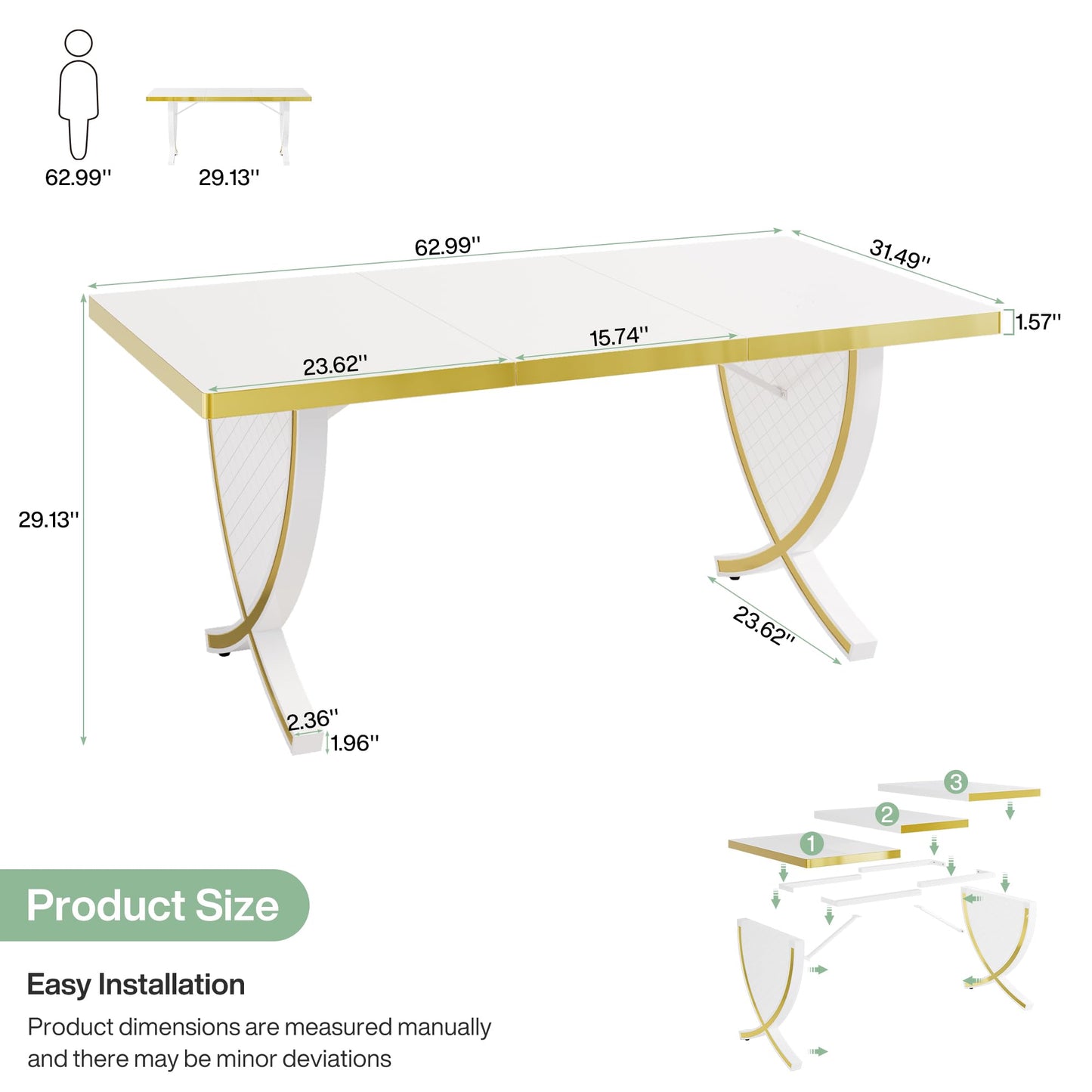 Tribesigns Luxury Modern Office Desk, White and Gold Large 63" Workstation, Elegant Executive Desk with High-Gloss Finish, Sturdy Metal Legs, Perfect for Home Office or Study