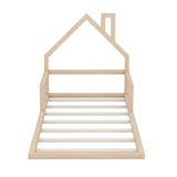 Bellemave Twin Size Montessori Floor Bed with House-Shaped Headboard and Railings in Natural Finish Bellemave