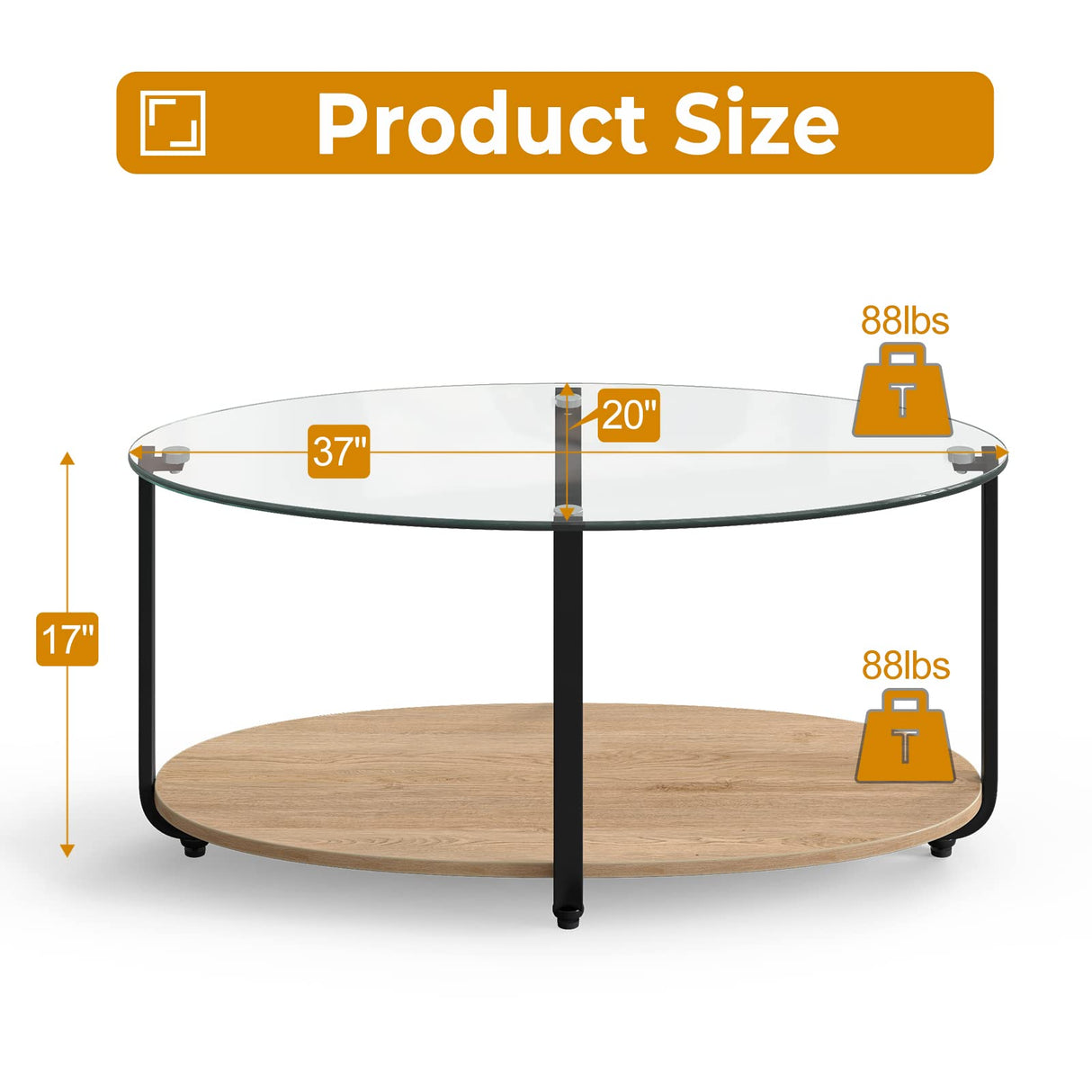 Tangkula Glass Coffee Table, 2 Tier Oval Tea Table with Tempered Glass Tabletop and Wooden Shelf, Modern Glass Sofa Center Table for Home Office, Metal Legs, Home Decor Accent Cocktail Table Tangkula