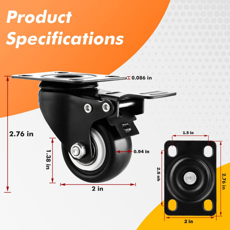 2" Casters Set of 8 Heavy-Duty Industrial Caster Wheels with Brake PU No Noise Wheels with Double Locking and Double Ball Bearing Swivel Locking Casters for Workbench, Furniture, Plate Castors Black GcFoir