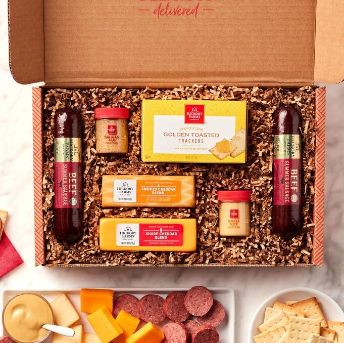 Hickory Farms Gift Basket Hearty Beef Summer Sausage and Cheese Sampler with bonus Holiday Magnet - Meat and Cheese Set including 2 Sausages, Smoked Cheddar Blend 4 oz, Farmhouse Cheddar 4 Oz Hickory Farms