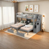 SOFTSEA Wooden Triple Bunk Beds with Stairs & Storage Drawers,Twin Over Twin&Twin Bunk Bed for 3, Triple Bunk Bed Twin for Kids, Gray SOFTSEA