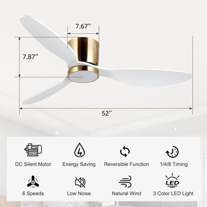 reiga 52 Inch Flush Mount White Ceiling Fan with Light Remote Control, Quiet DC Motor Low Profile 3 Wood Blade Modern Ceiling Fans for Patio Kitchen Living Room Bedroom