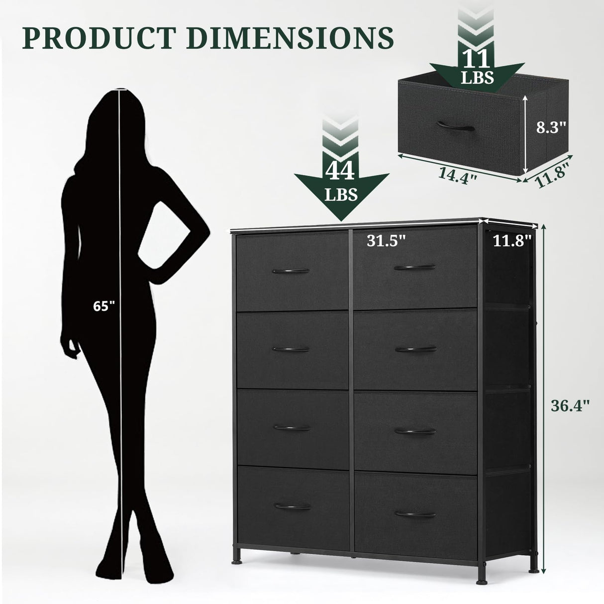 8-Drawer Dresser for Bedroom, Anti-Tip Tall Storage Organizer Chest of Drawers with Wooden Top and Metal Frame Fabric Bins for Closet, Living Room, Hallway, Entryway, Black SageNest