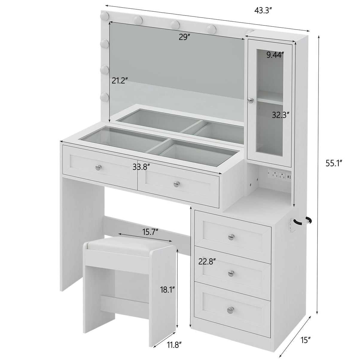 CollaredEagle 43" W Vanity Desk with Mirror & 11 Lights, 5 Drawer Modern Makeup Desk with Glass top & Cushioned Stool, 3 Lighting Modes Brightness Adjustable,Power Outlet,Bedroom，White CollaredEagle