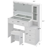 CollaredEagle 43" W Vanity Desk with Mirror & 11 Lights, 5 Drawer Modern Makeup Desk with Glass top & Cushioned Stool, 3 Lighting Modes Brightness Adjustable,Power Outlet,Bedroom，White CollaredEagle