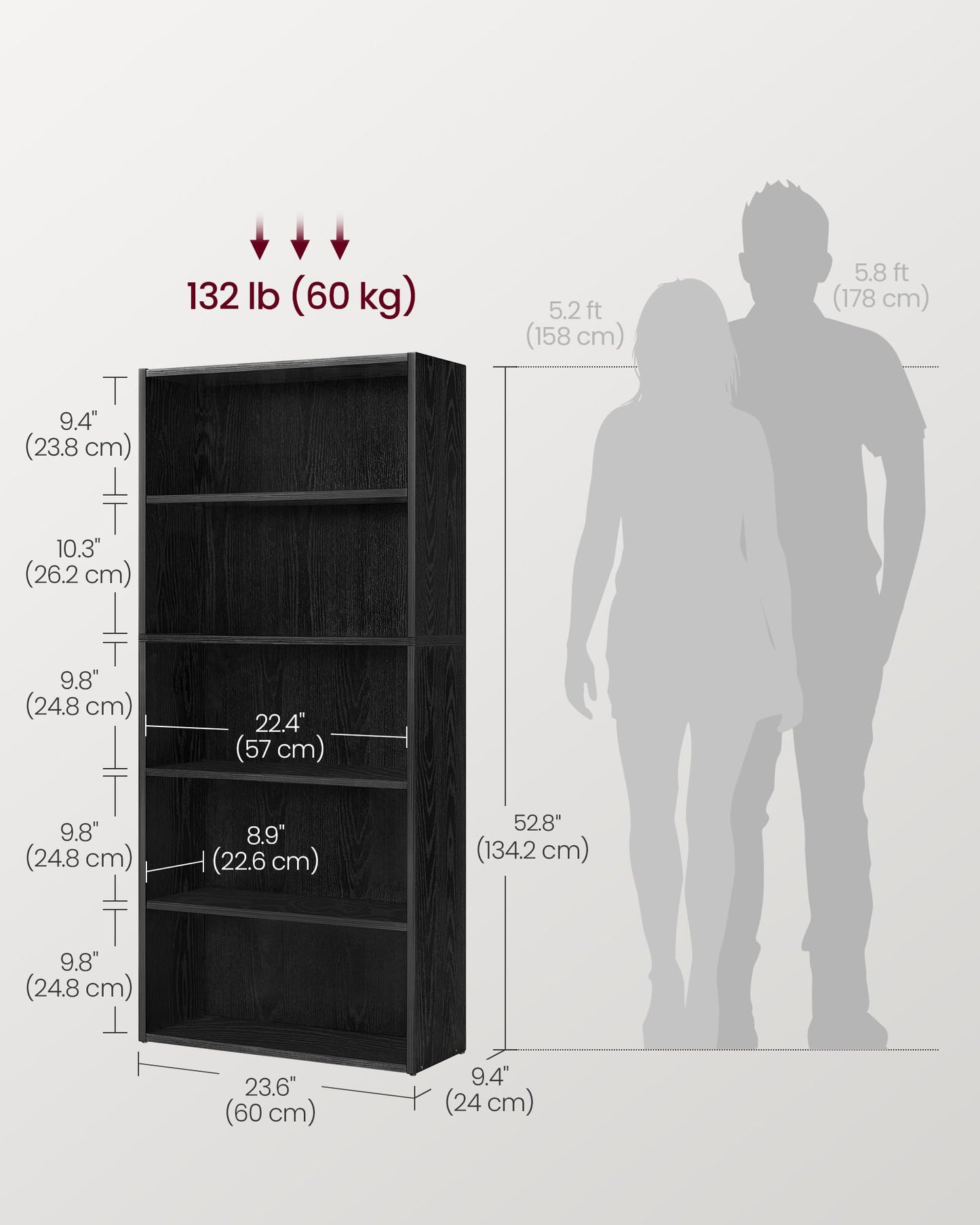 VASAGLE Bookshelf, 23.6 Inches Wide, 5-Tier Open Bookcase with Adjustable Storage Shelves, Floor Standing Unit, Ebony Black ULBC165T56