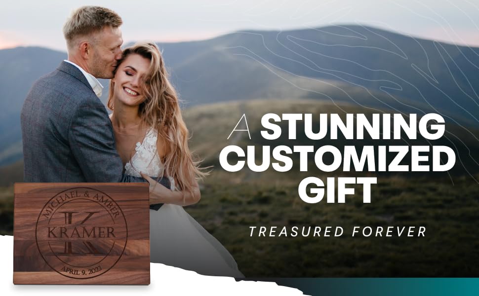 Blue Ridge Mountain Gifts Personalized Wood Cutting Board with Gift Box, Stand, and Oil Included Laser Engraved Anniversary or Wedding Gift Couples Housewarming Present Blue Ridge Mountain Gifts
