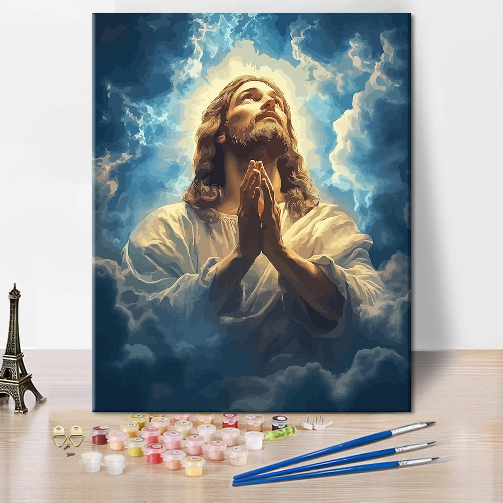 Paint by Number Kits Jesus Prayer Painting Kits for Adults DIY Number Painting for Adults Jesus Bathed in Light Paint by Numbers on Canvas Stress Relief Activity Wall Decor Gift for Friends(40x50cm) TUMOVO