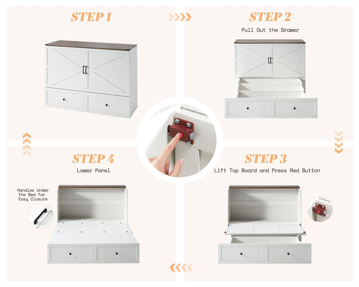 AMERLIFE Queen Murphy Bed with Storage & Charging Station, Farmhouse Murphy Cabinet with Foldable Panel, Noisy Free, for Guest Bedroom, Living Room, Office, Distressed White & Barnwood AMERLIFE