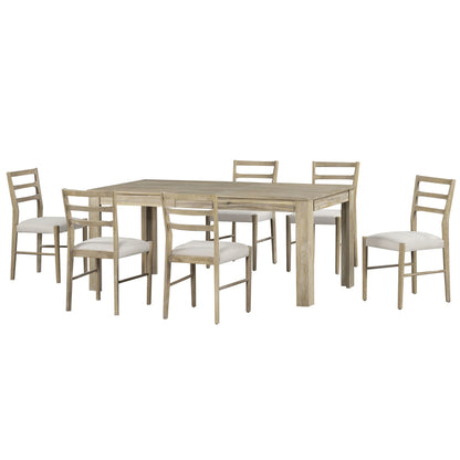 Merax 7-Piece Wooden Dining Table Set, Multifunctional Extendable Tabletop with 12” Leaf and 2 Drawers, 6 Chairs with Soft Cushion, Natural Wood Wash