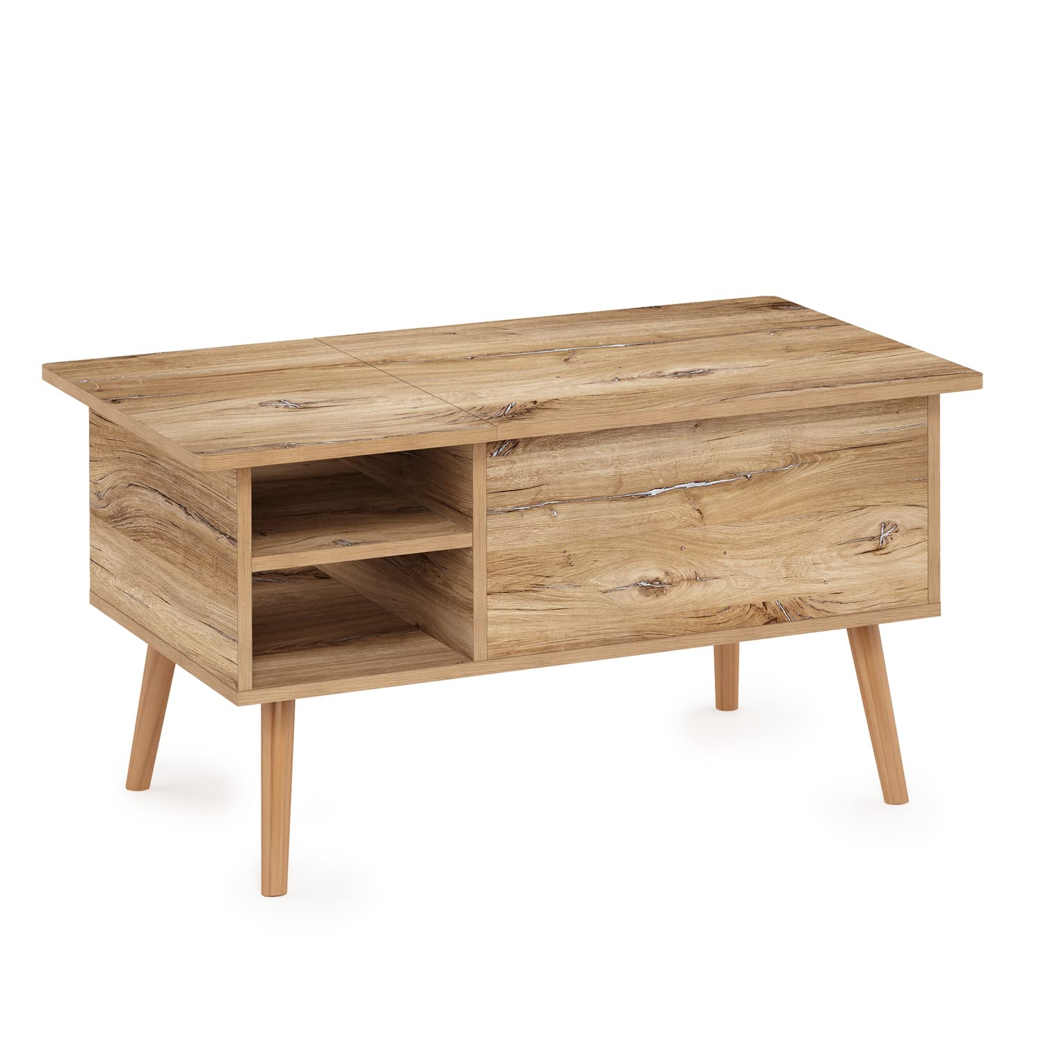 Furinno Jensen Living Room Wooden Leg Lift Top Coffee Table with Hidden Compartment and Side Open Storage Shelf, Flagstaff Oak - WoodArtSupply