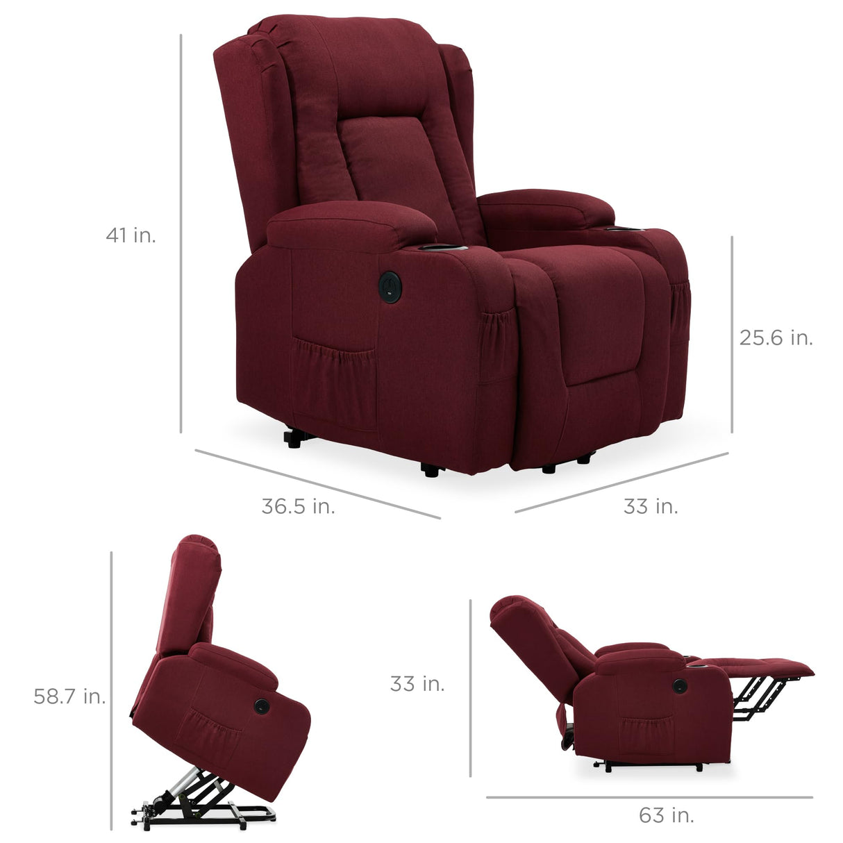 Best Choice Products Modern Linen Electric Power Lift Chair, Recliner Massage Chair, Adjustable Furniture for Back, Legs w/ 3 Positions, USB Port, Heat, Cupholders, Easy-to-Reach Button - Burgundy Best Choice Products