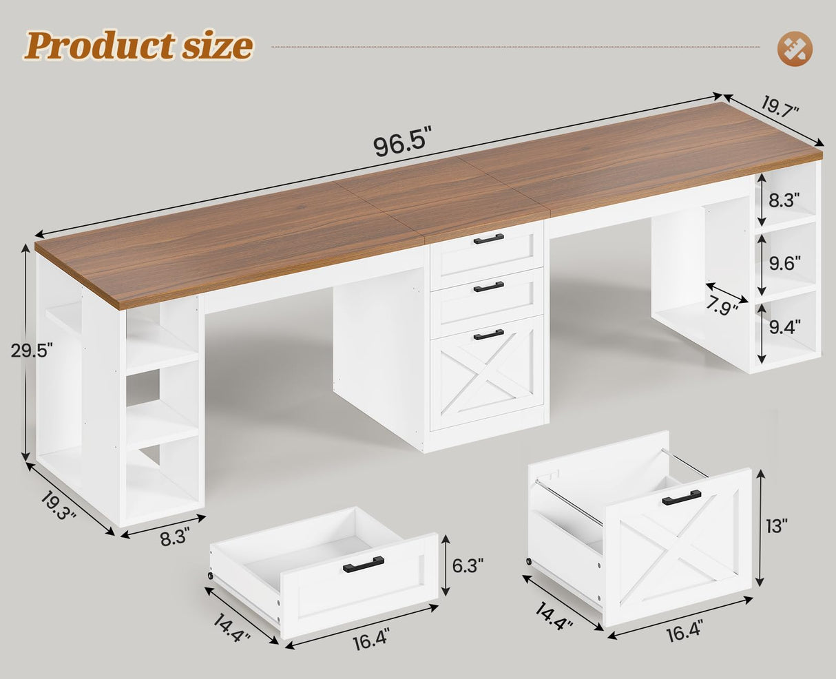 SEDETA Farmhouse 96.5" Computer Desk with Drawers, 2 Person Home Office Desk, Gaming Double Desk with Storage Shelves, Long Two Person Writing Desk (White and Brown) SEDETA