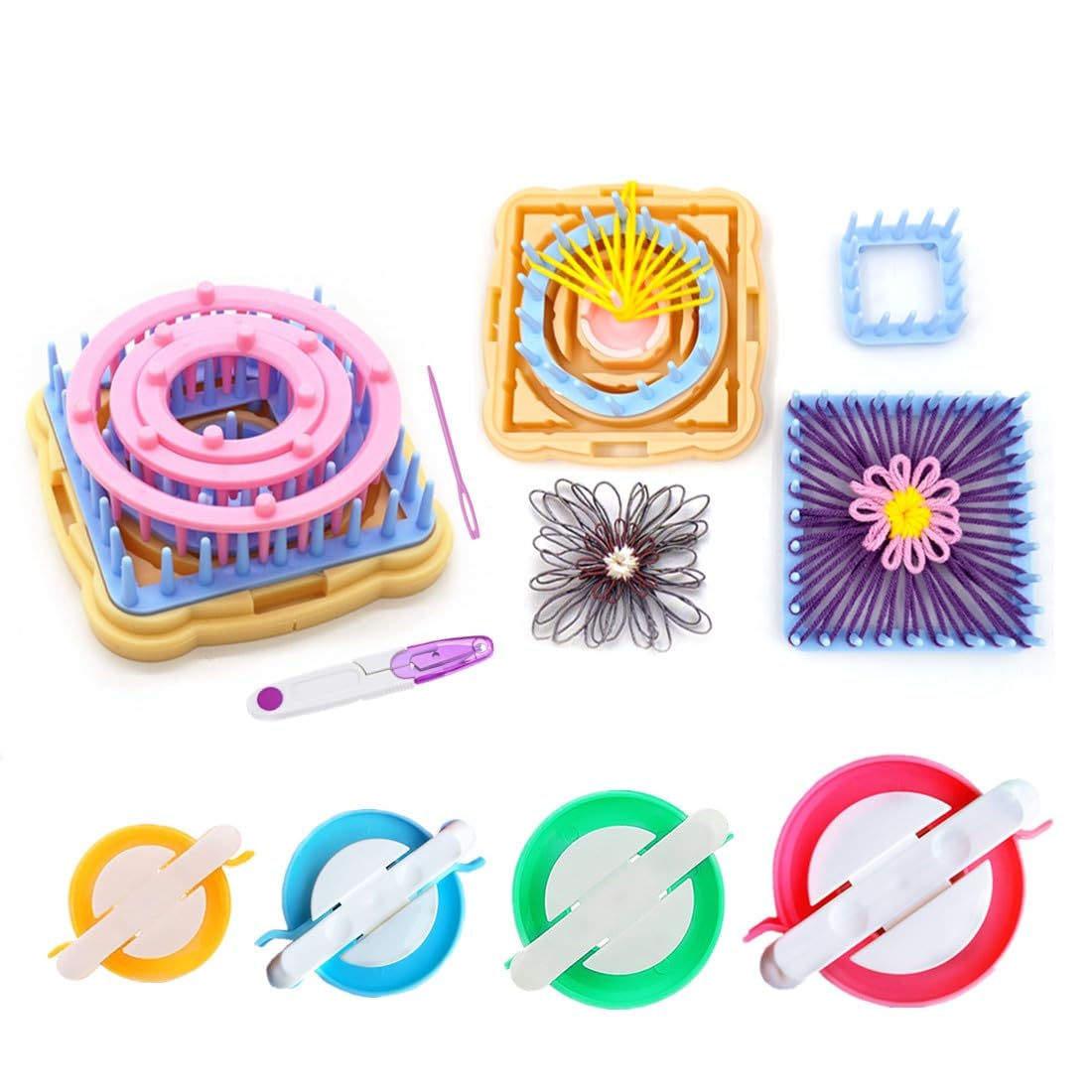 Ayasee Weaving Loom Kit, Flower Knitting Loom Kit, Frame Looms, Knitting Wool, Round/Square Knitting Looms Craft Kit Multi Color (Flower Maker + Pom Maker) Ayasee