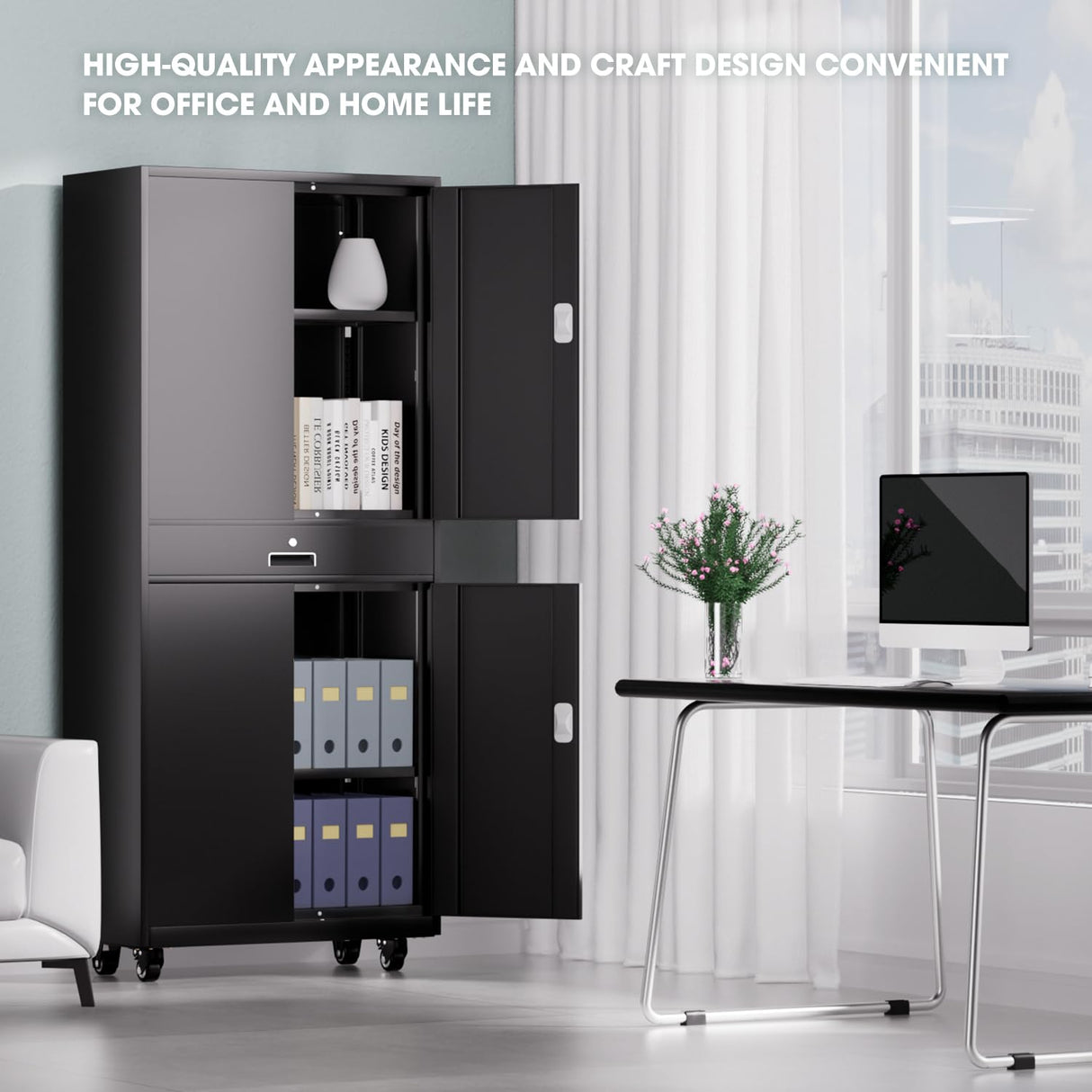 DNA MOTORING 73'' Metal Storage Cabinet, Rolling Garage Cabinet with 1 Drawer and Adjustable Shelves, Lockable Heavy Duty Metal Locker for Garage,Office,Home,Gym, Black, TOOLS-00630-BK-BK-A DNA MOTORING