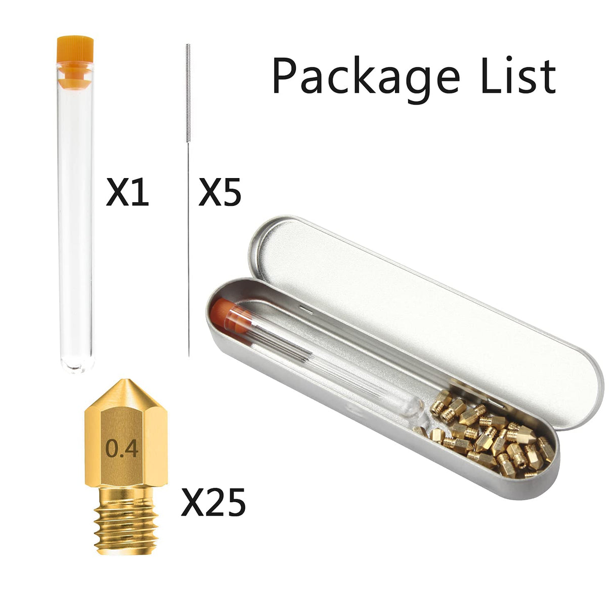 0.4MM MK8 Ender 3 Nozzles 25 pcs 3D Printer Brass Nozzles Extruder for Makerbot Creality CR-10 with 5 Needles and Metal Storage Box (0.4mm) Meafeng