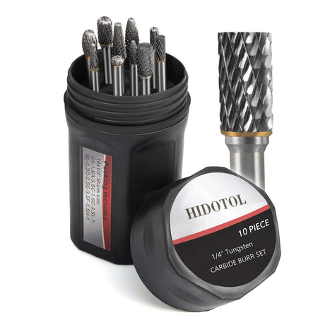HIDOTOL Carbide Burr Set 1/4" Shank 10PC Tungsten Double Cut Carbide Rotary Burr Set for Metal and Wood Carving, Grinding, Polishing, Engraving, Drilling in Sturdy Round Case. HIDOTOL