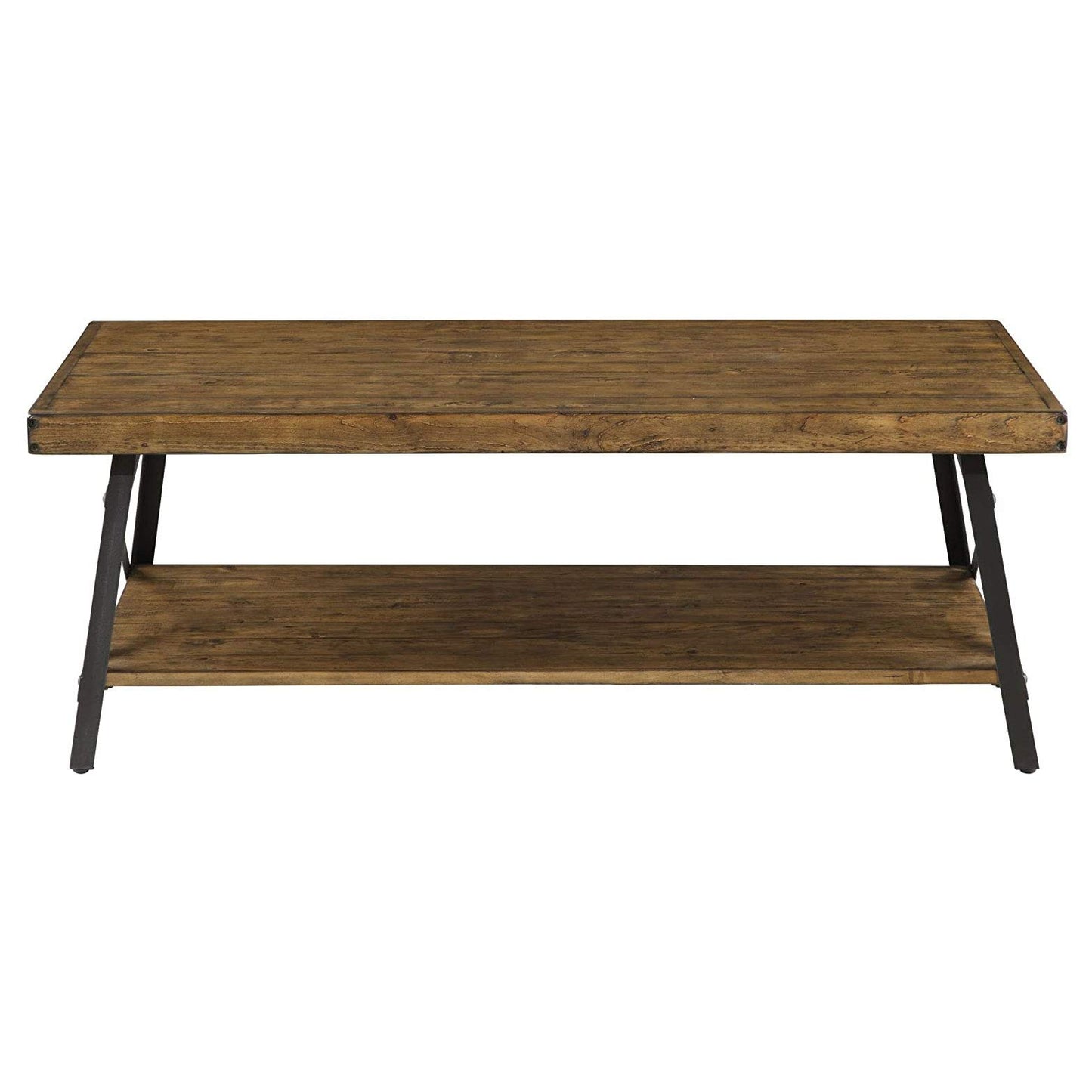 Emerald Home Furnishings Chandler Rustic Industrial Solid Wood and Steel Coffee Table with Open Shelf, Pine Brown,48" - WoodArtSupply